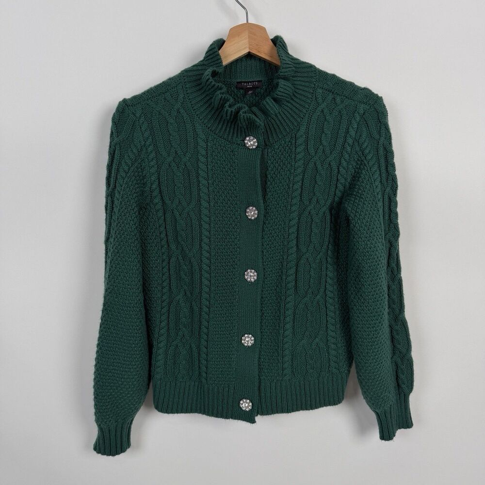 Talbots Cable Knit Ruffle Neck Cardigan Women SP Green Preppy Boho Retro Sweater